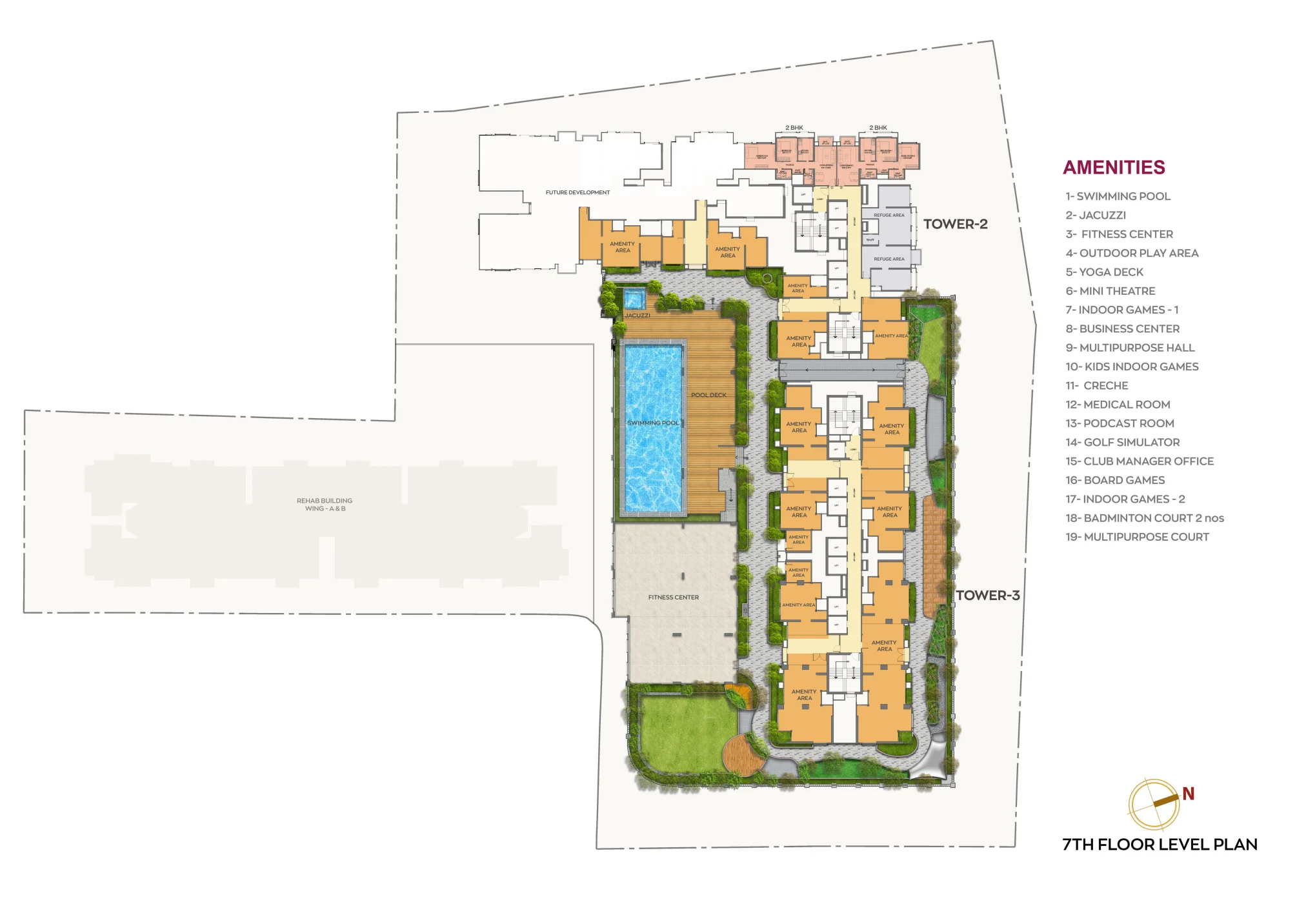 Brochure seventh-floor amenity plan showing swimming pool, landscaped areas and amenity spaces