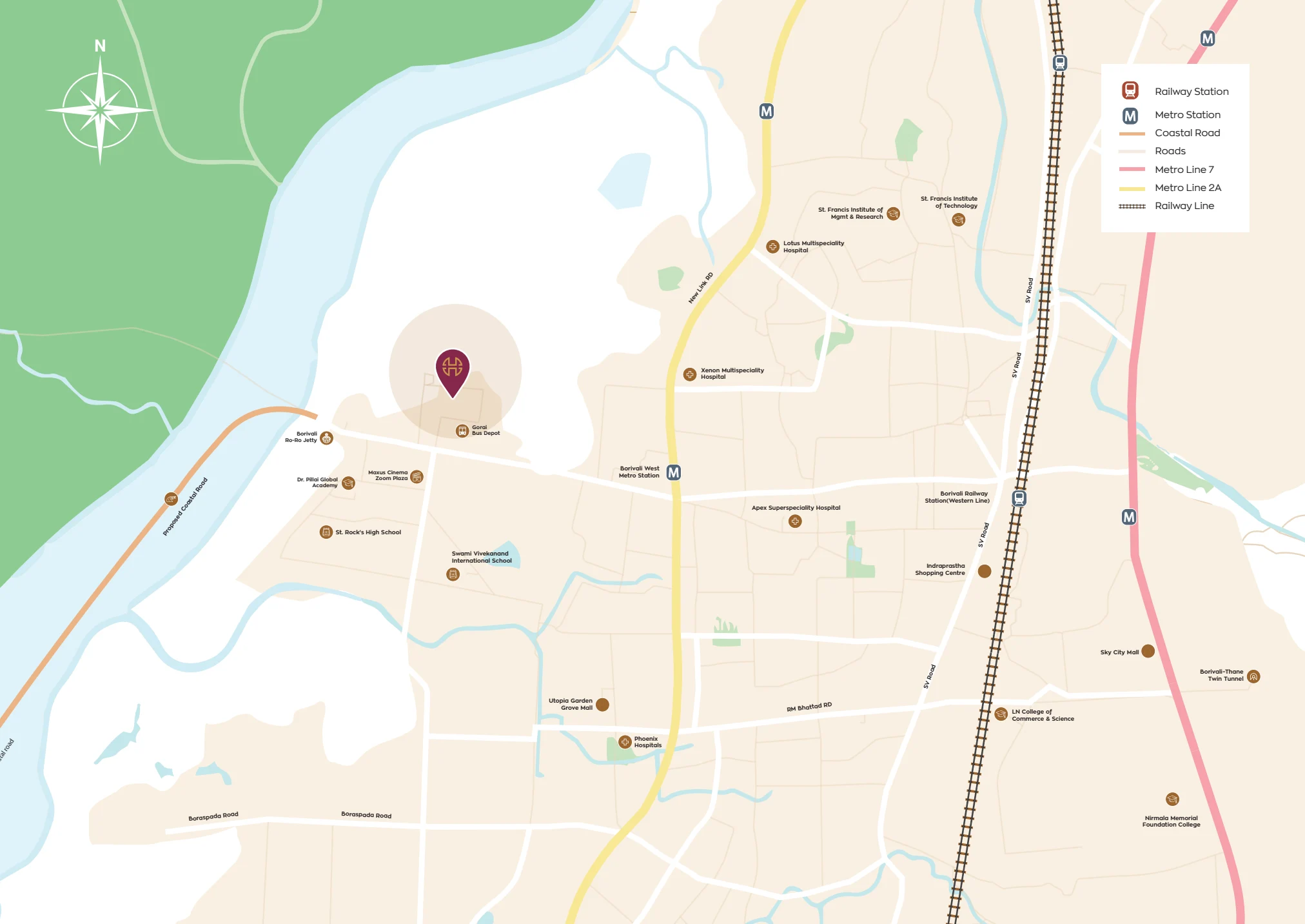 Official brochure map locating the project near Gorai Bus Depot, Borivali West Metro and Borivali railway station